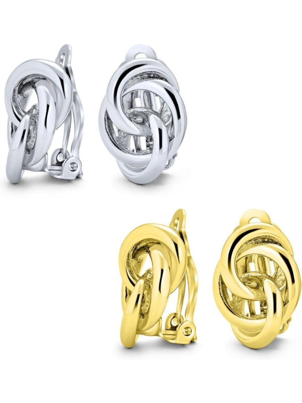 Elegant Twisted Love Knot Clip-On Earrings Set - Gold & Silver Plated, 2 Pairs